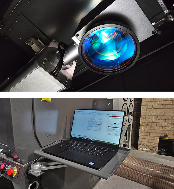 Close up images of the Galvo Tech fibre laser engraver