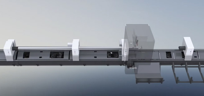 An image of the Bodor M series fibre laser cutter with all 4 chucks processing a tube
