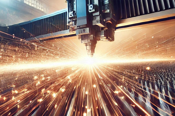 An image of a fibre laser cutting metal with sparks flying