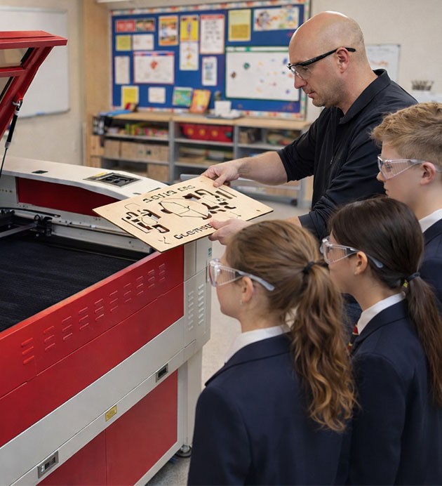 An image of a teacher holding laser cut wood surrounded by students