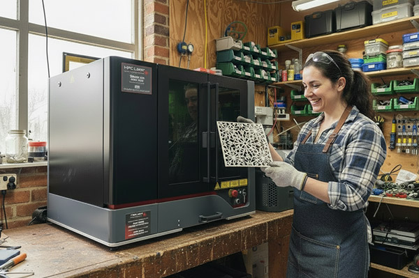 An image of the HPC desktop fibre laser cutter in use for arts & crafts