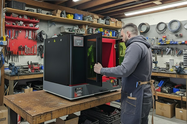 An image of a desktop fibre laser cutter in a signage workshop