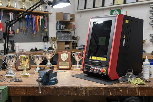 An image of the HPC fibre laser engraver on a workshop bench