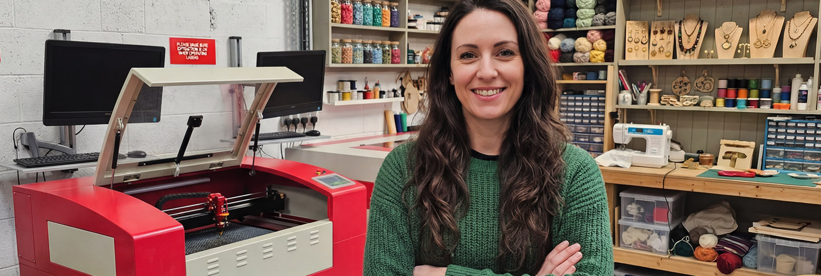 An image of a home crafter in front of her HPC CO2 laser cutter
