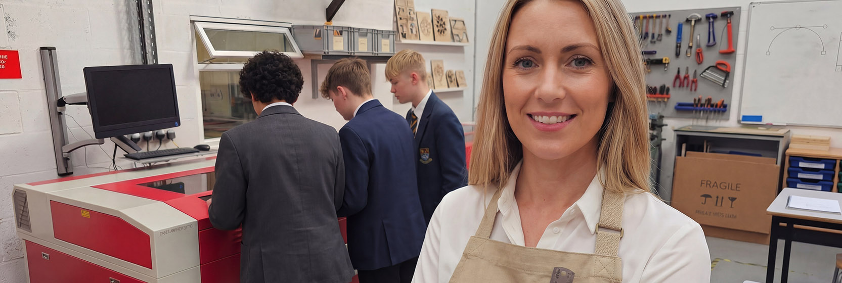 An image of a teacher and her students using a HPC CO2 laser cutter