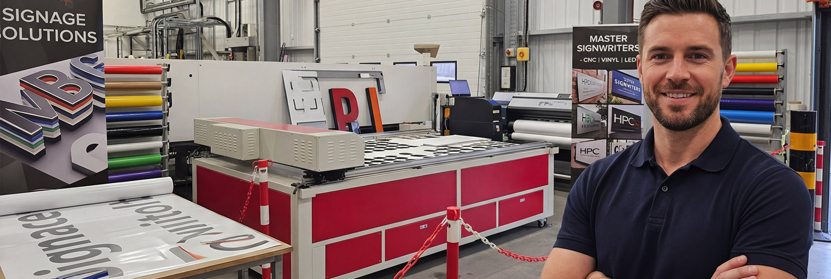 An image of a sign maker in front of his HPC Laser CO2 laser cutter