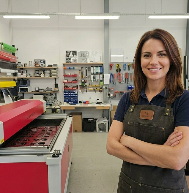 An image of a female employee looking product of her CO2 laser cutter