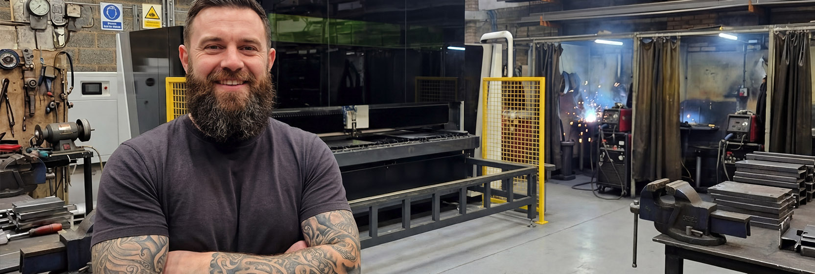 An image of a steel fabricator in front of a Bodor fibre laser cutter