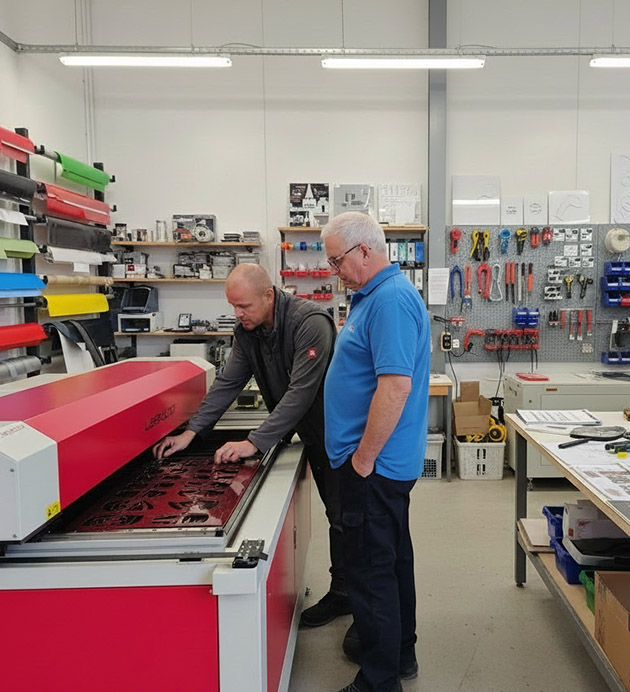 An image of a HPC Laser engineer showing a sign making customer how to use their machine