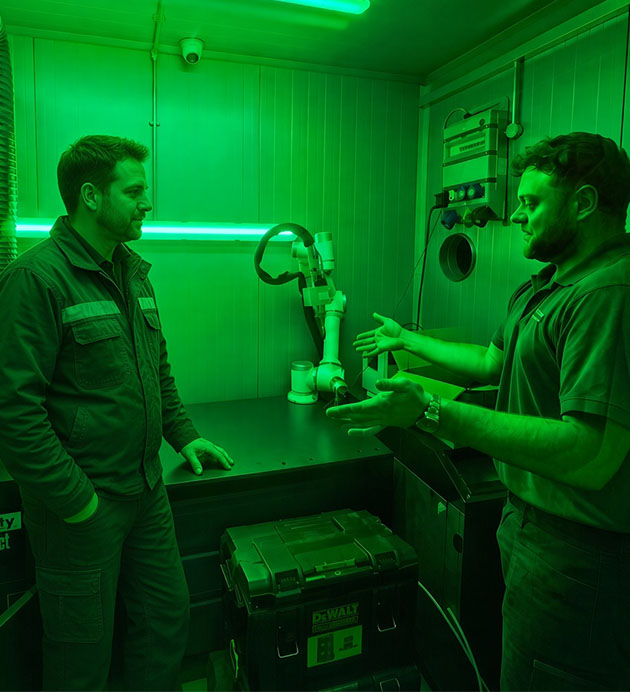 An image of a HPC engineer discussing laser welding with a client